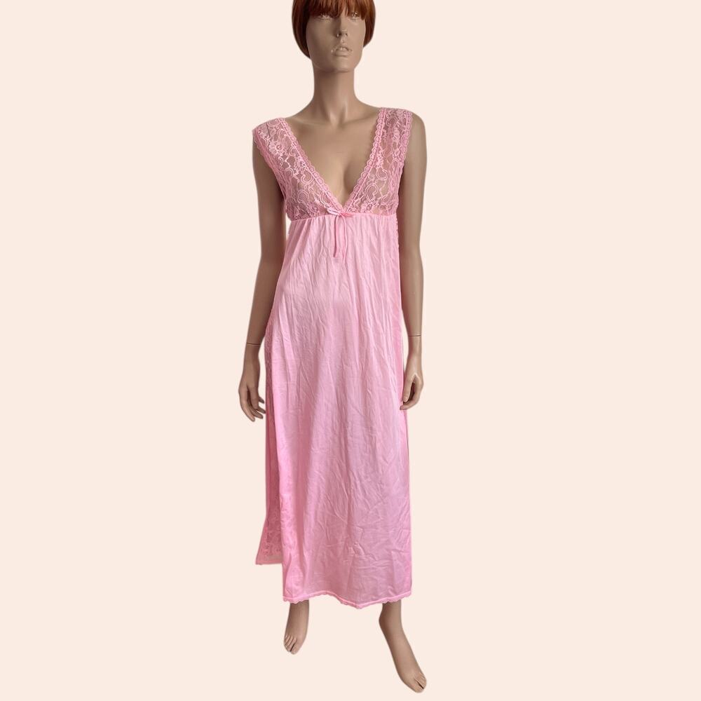 Vintage Pink Nightgown Peekaboo Lace Maxi Lingerie Babydoll Deep V Full Length - Picture 2 of 10